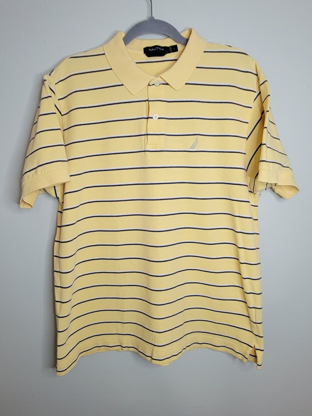 Classic Nautica 100% Cotton Short Sleeve Collar Polo Shirt- Lemon Stripe Mens L